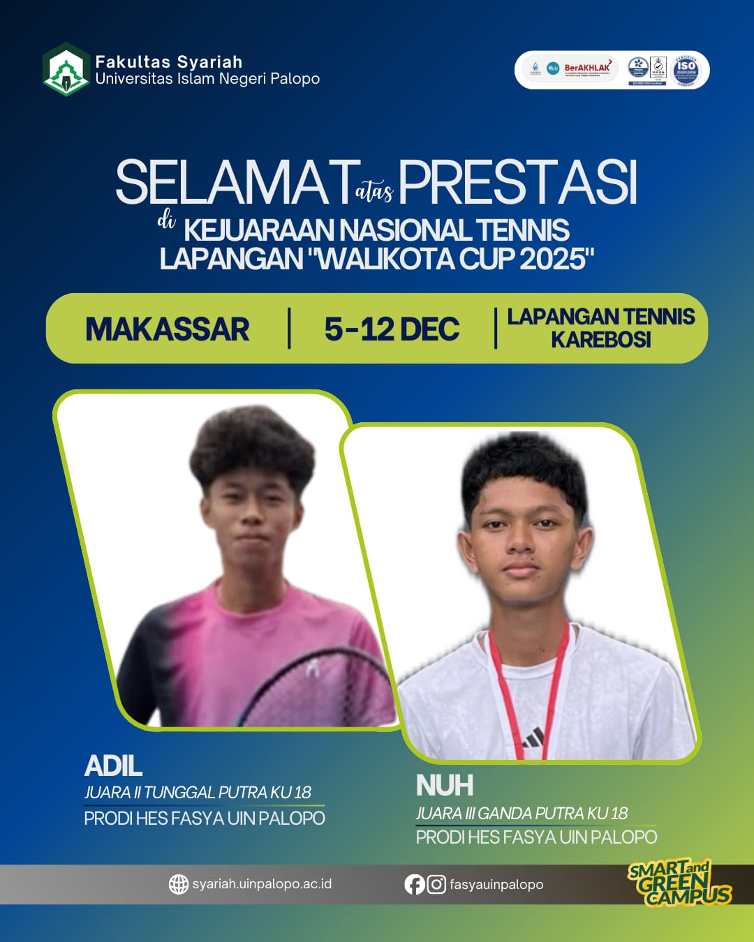 Harumkan Nama Daerah, Dua Mahasiswa UIN Palopo Raih Prestasi Nasional di Kejuaraan Tenis Wali Kota Cup 2025